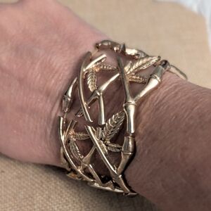 Goldtoned  Bamboo And Leaves  Pattern Wide Stretch Bracelet